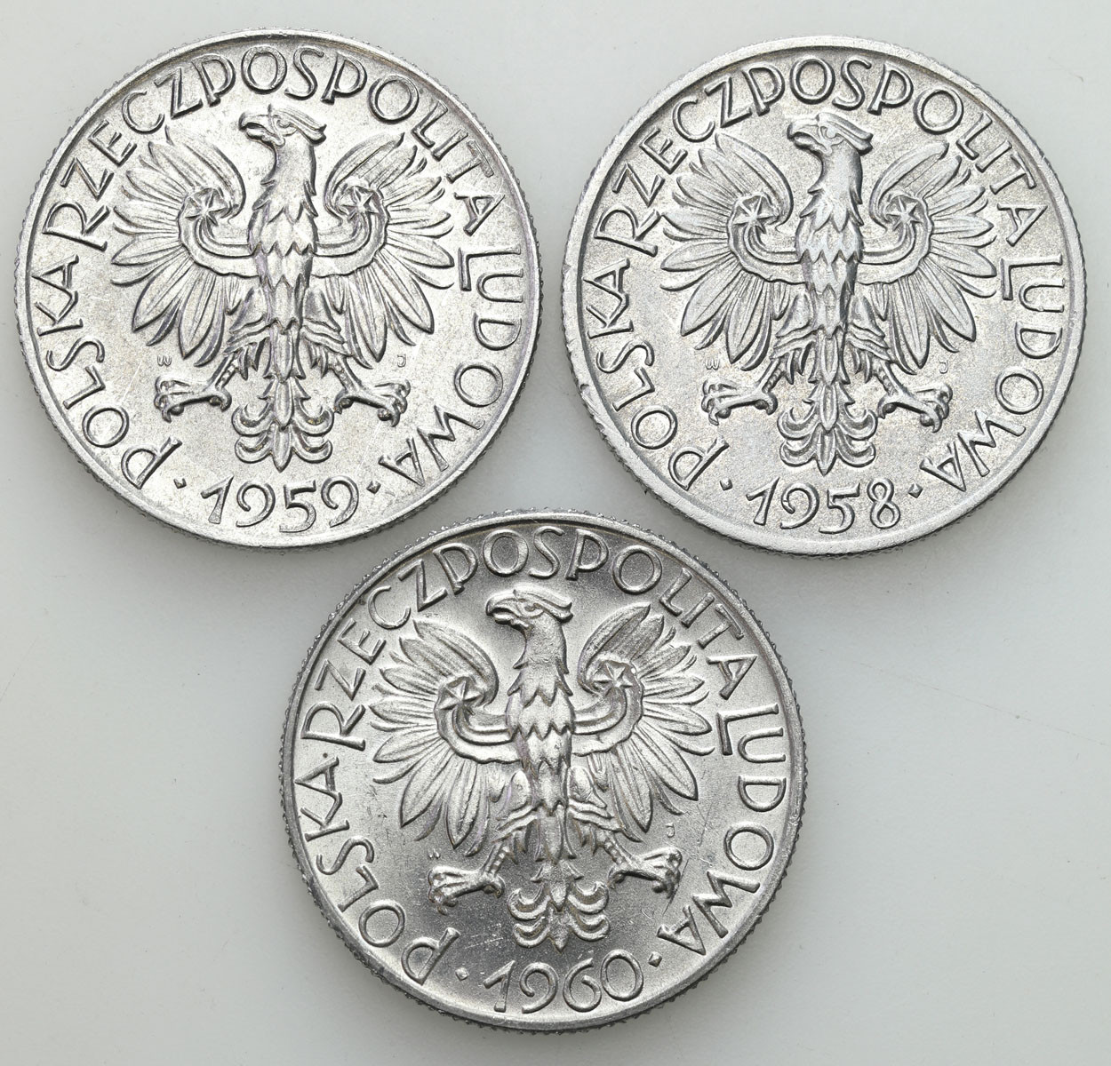 PRL. 5 złotych 1958-1960 Rybak, zestaw 3 monet